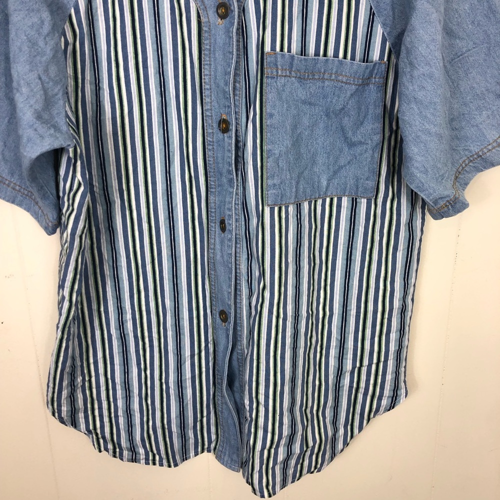 Vintage Striped Short Sleeve Denim Button Down Sz L - Picture 4 of 12